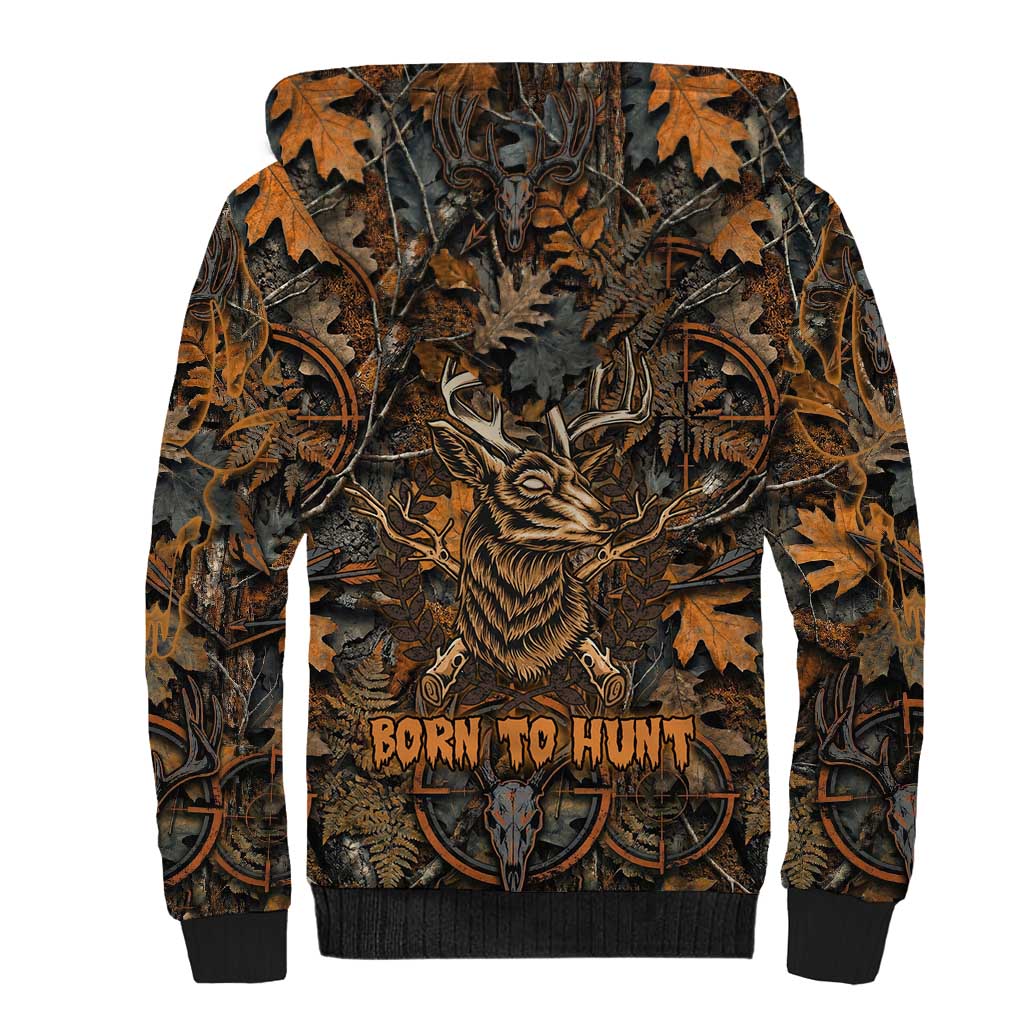 Deer Hunting Skull Sherpa Hoodie Autumn Leaves Rustic Brown and Orange Tones