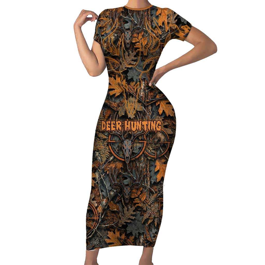 Deer Hunting Skull Short Sleeve Bodycon Dress Autumn Leaves Rustic Brown and Orange Tones
