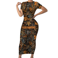 Deer Hunting Skull Short Sleeve Bodycon Dress Autumn Leaves Rustic Brown and Orange Tones