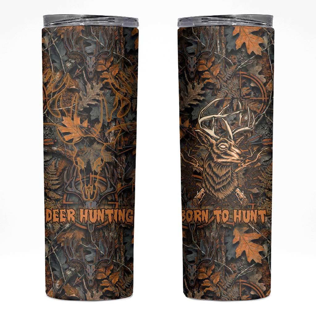 Deer Hunting Skull Skinny Tumbler Autumn Leaves Rustic Brown and Orange Tones