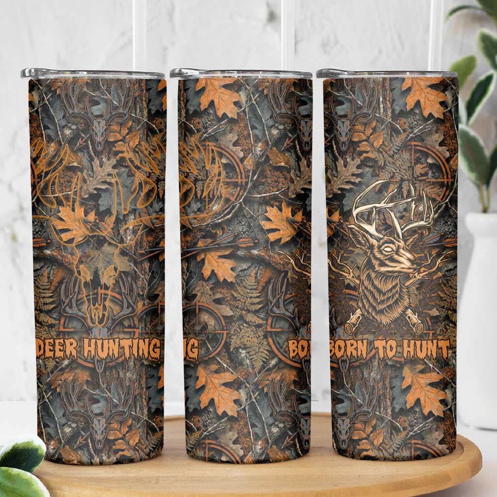 Deer Hunting Skull Skinny Tumbler Autumn Leaves Rustic Brown and Orange Tones