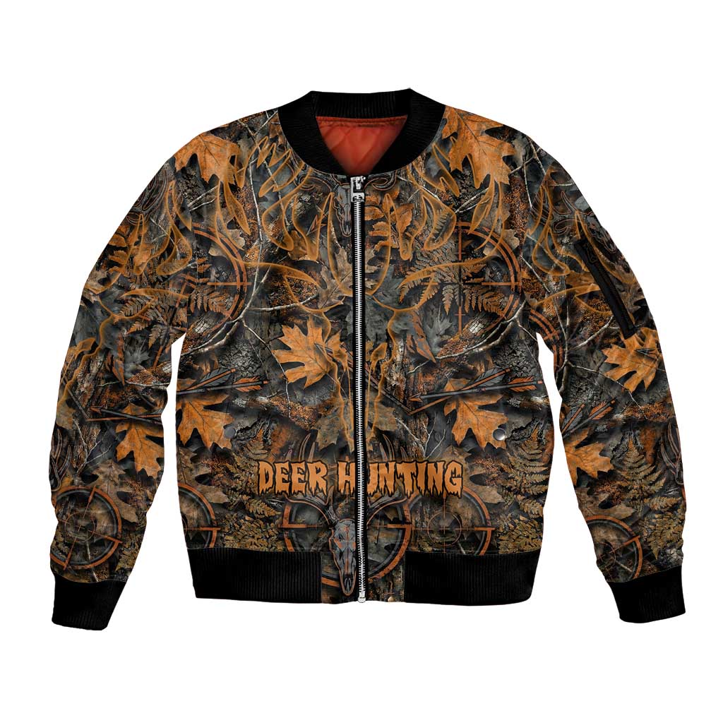 Deer Hunting Skull Sleeve Zip Bomber Jacket Autumn Leaves Rustic Brown and Orange Tones