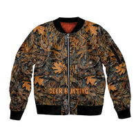 Deer Hunting Skull Sleeve Zip Bomber Jacket Autumn Leaves Rustic Brown and Orange Tones