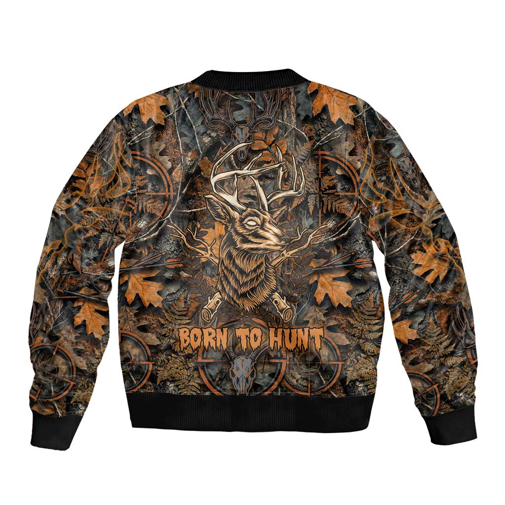 Deer Hunting Skull Sleeve Zip Bomber Jacket Autumn Leaves Rustic Brown and Orange Tones