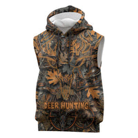 Deer Hunting Skull Sleeveless Hoodie Autumn Leaves Rustic Brown and Orange Tones