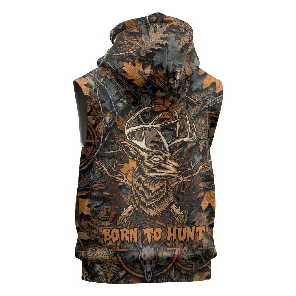 Deer Hunting Skull Sleeveless Hoodie Autumn Leaves Rustic Brown and Orange Tones