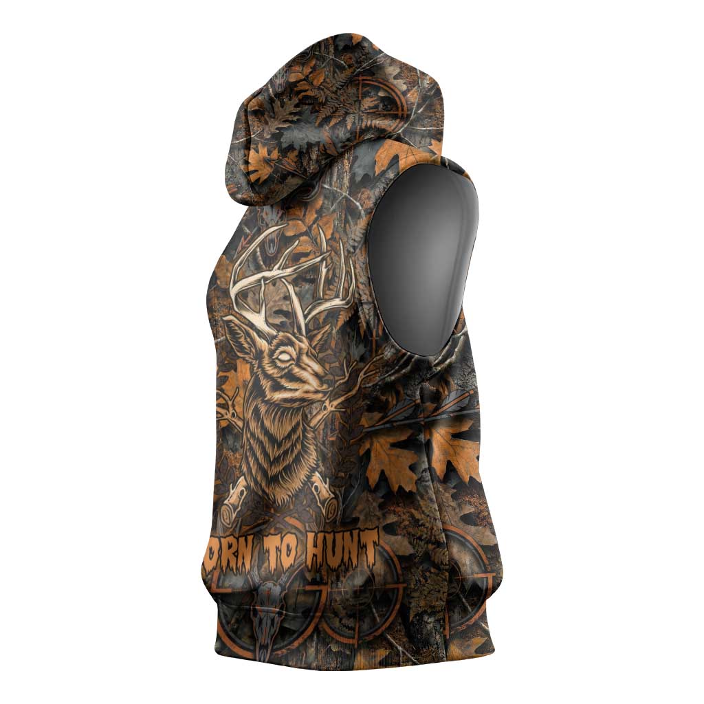 Deer Hunting Skull Sleeveless Hoodie Autumn Leaves Rustic Brown and Orange Tones