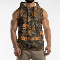 Deer Hunting Skull Sleeveless Hoodie Autumn Leaves Rustic Brown and Orange Tones