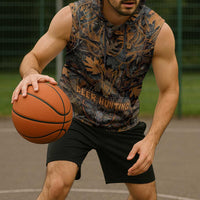 Deer Hunting Skull Sleeveless Hoodie Autumn Leaves Rustic Brown and Orange Tones
