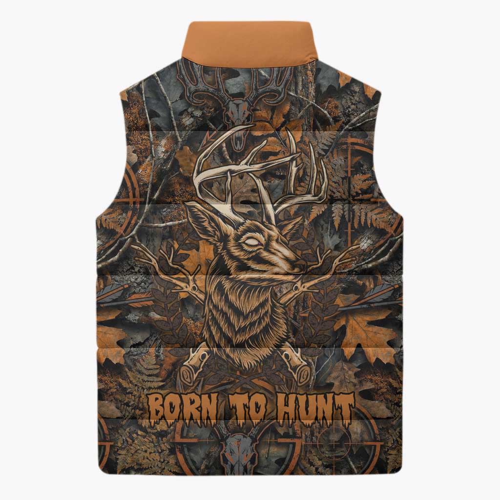 Deer Hunting Skull Sleeveless Puffer Jacket Autumn Leaves Rustic Brown and Orange Tones