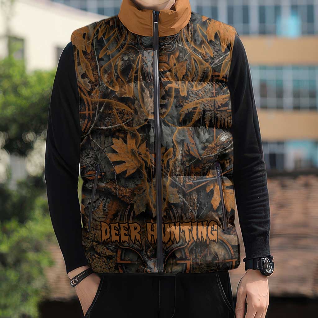 Deer Hunting Skull Sleeveless Puffer Jacket Autumn Leaves Rustic Brown and Orange Tones