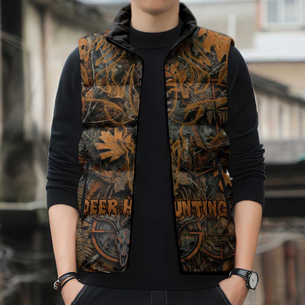 Deer Hunting Skull Sleeveless Puffer Jacket Autumn Leaves Rustic Brown and Orange Tones