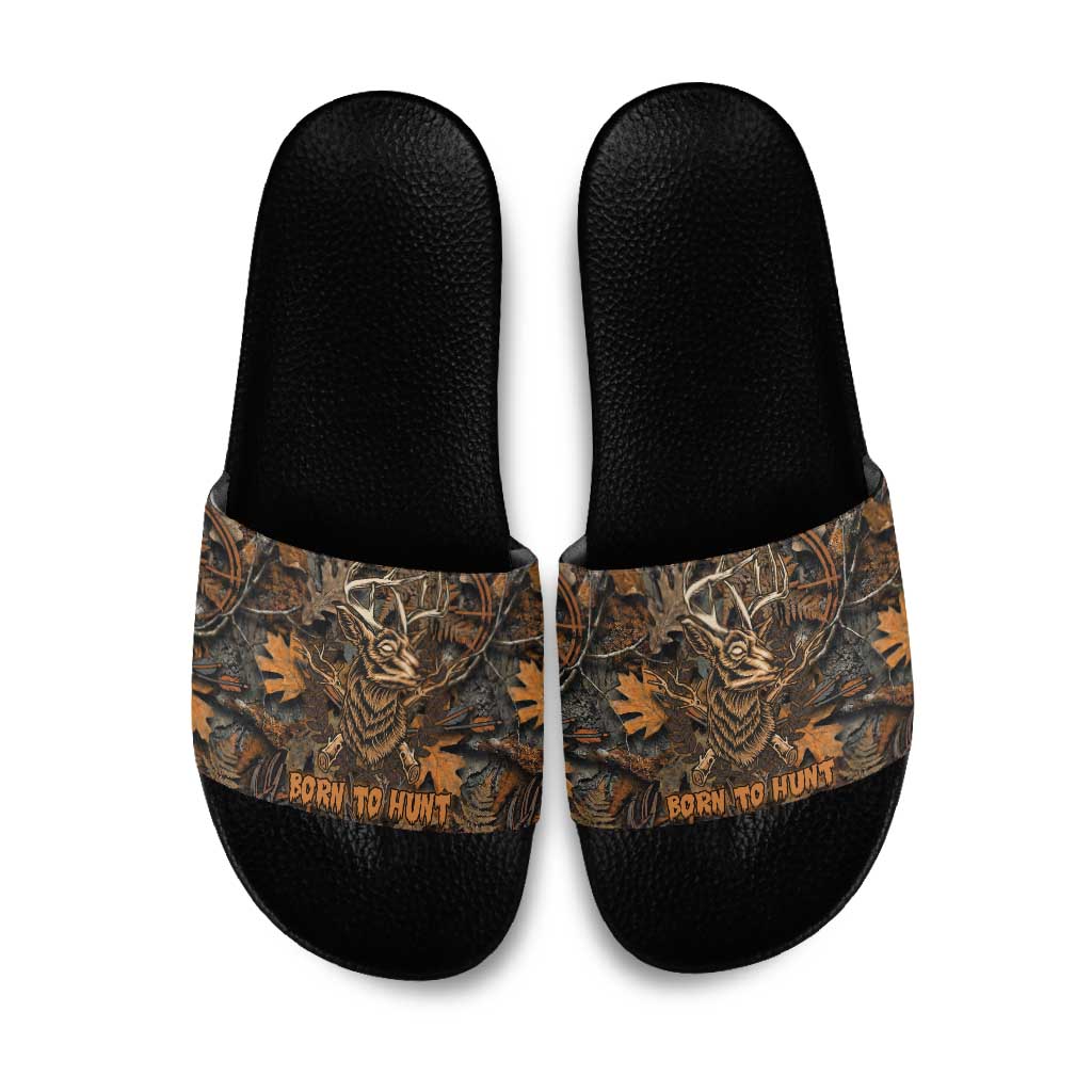 Deer Hunting Skull Slide Sandals Autumn Leaves Rustic Brown and Orange Tones