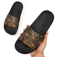 Deer Hunting Skull Slide Sandals Autumn Leaves Rustic Brown and Orange Tones