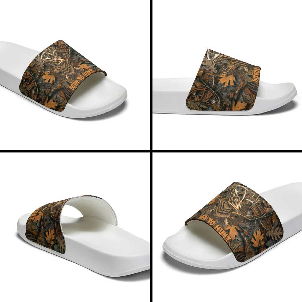 Deer Hunting Skull Slide Sandals Autumn Leaves Rustic Brown and Orange Tones