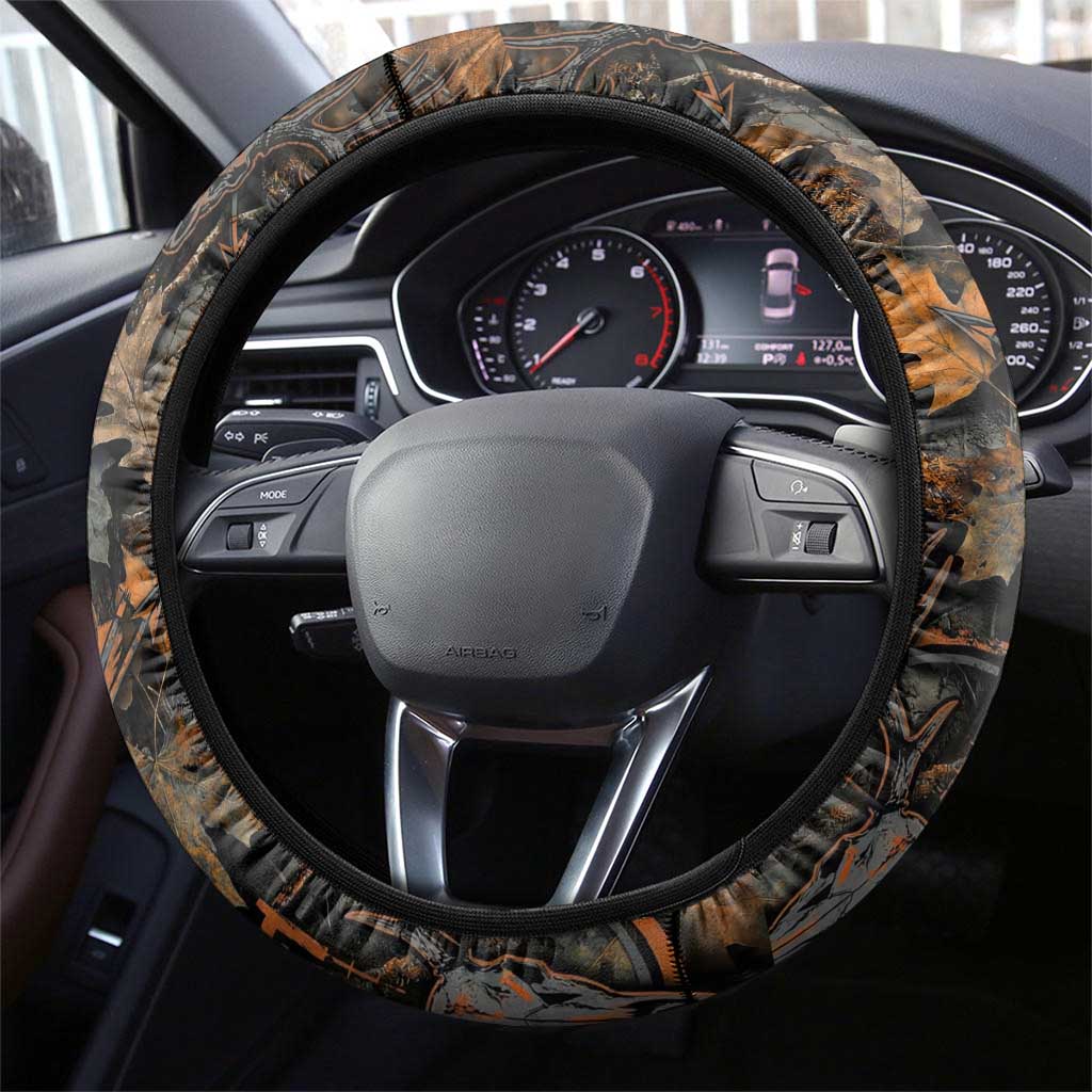 Deer Hunting Skull Steering Wheel Cover Autumn Leaves Rustic Brown and Orange Tones