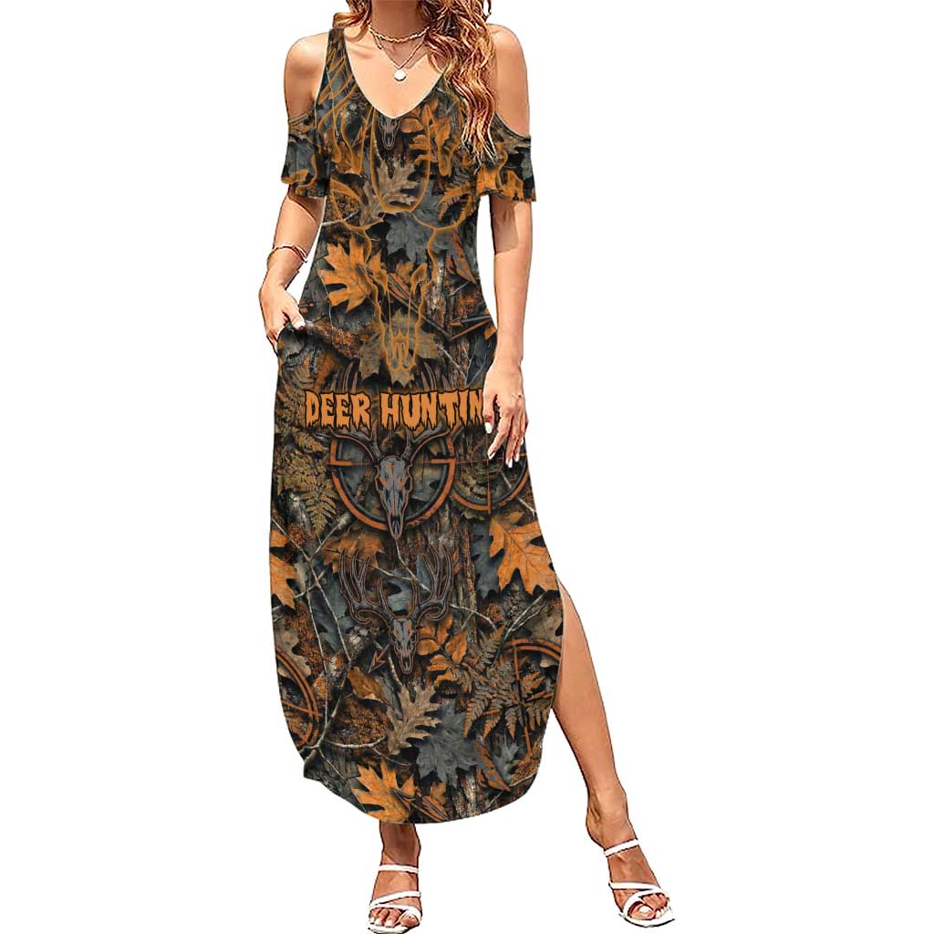 Deer Hunting Skull Summer Maxi Dress Autumn Leaves Rustic Brown and Orange Tones