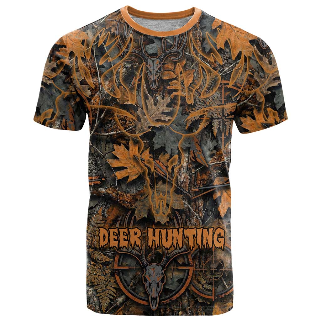Deer Hunting Skull T Shirt Autumn Leaves Rustic Brown and Orange Tones