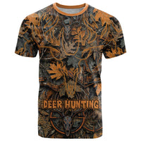 Deer Hunting Skull T Shirt Autumn Leaves Rustic Brown and Orange Tones
