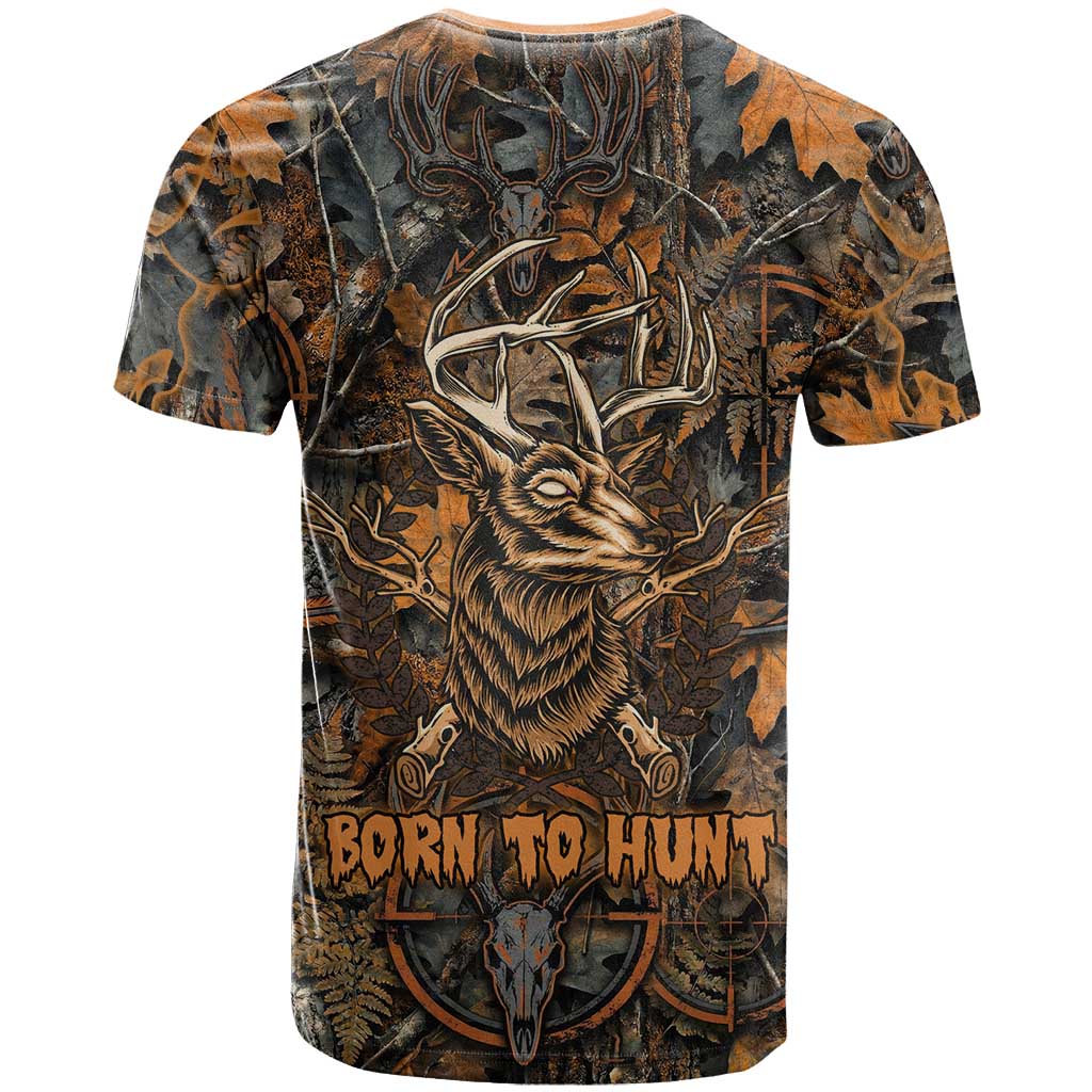 Deer Hunting Skull T Shirt Autumn Leaves Rustic Brown and Orange Tones
