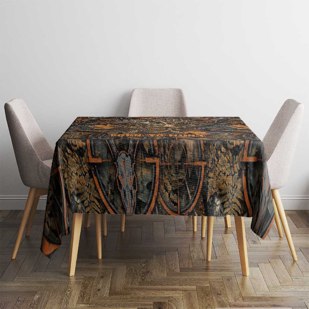 Deer Hunting Skull Tablecloth Autumn Leaves Rustic Brown and Orange Tones