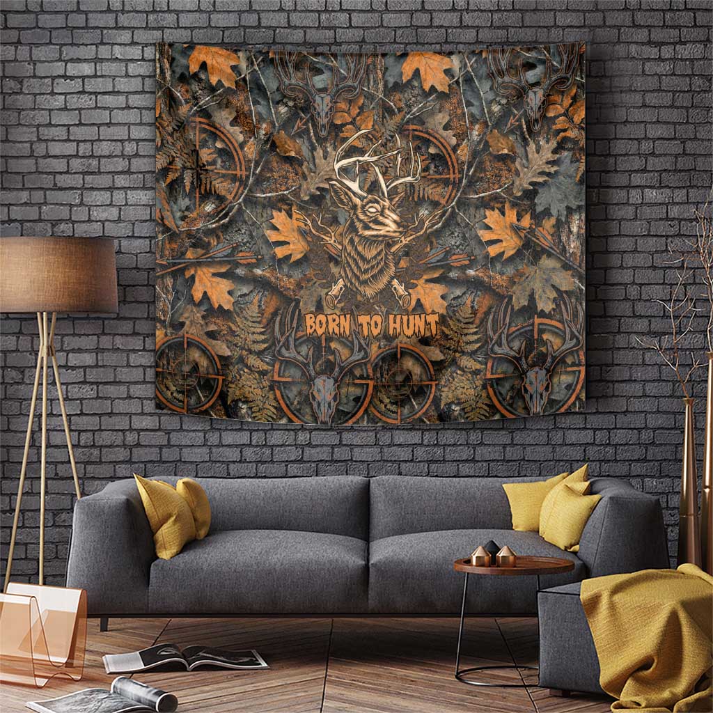 Deer Hunting Skull Tapestry Autumn Leaves Rustic Brown and Orange Tones