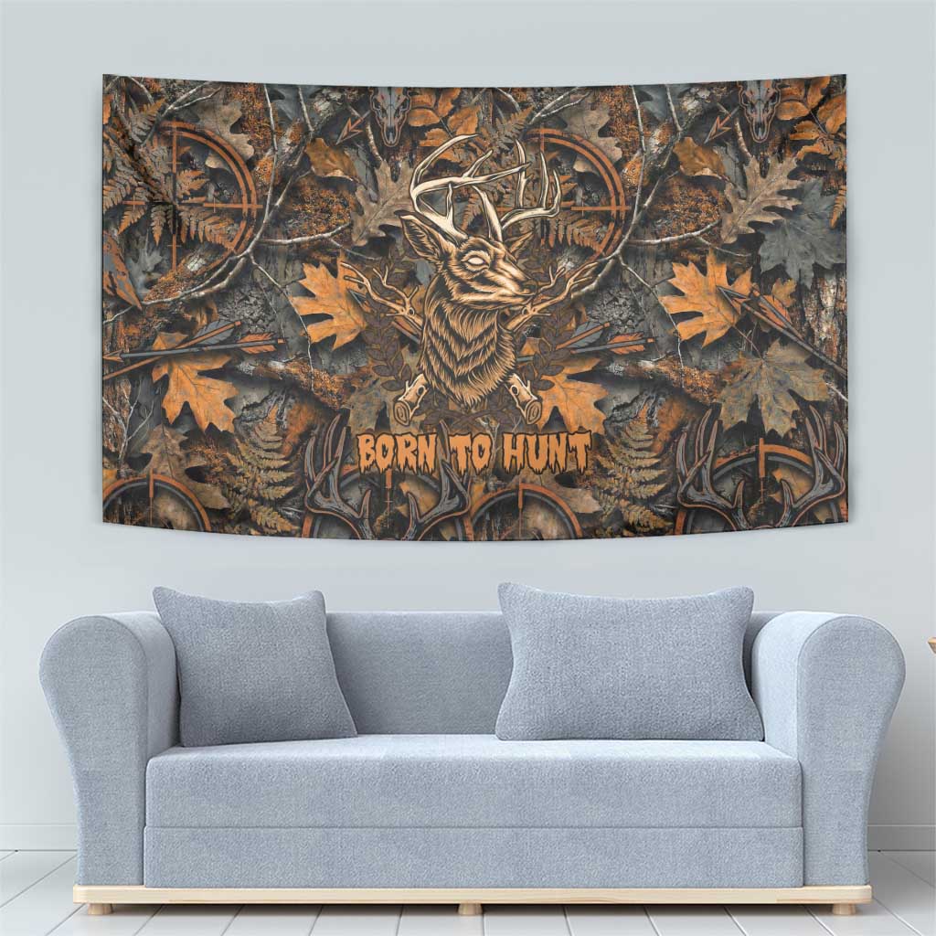 Deer Hunting Skull Tapestry Autumn Leaves Rustic Brown and Orange Tones