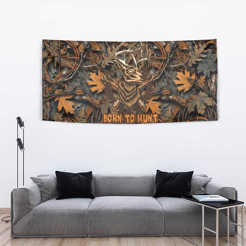 Deer Hunting Skull Tapestry Autumn Leaves Rustic Brown and Orange Tones