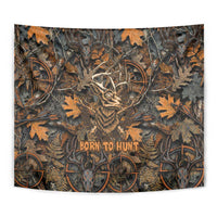 Deer Hunting Skull Tapestry Autumn Leaves Rustic Brown and Orange Tones