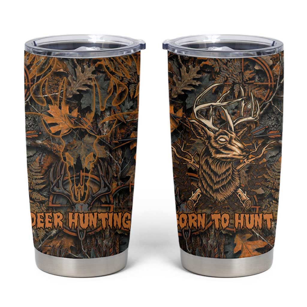 Deer Hunting Skull Tumbler Cup Autumn Leaves Rustic Brown and Orange Tones