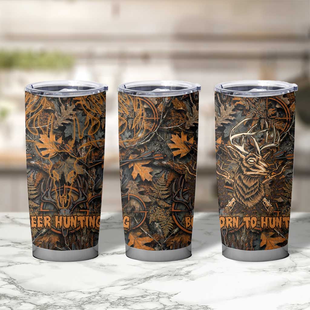 Deer Hunting Skull Tumbler Cup Autumn Leaves Rustic Brown and Orange Tones