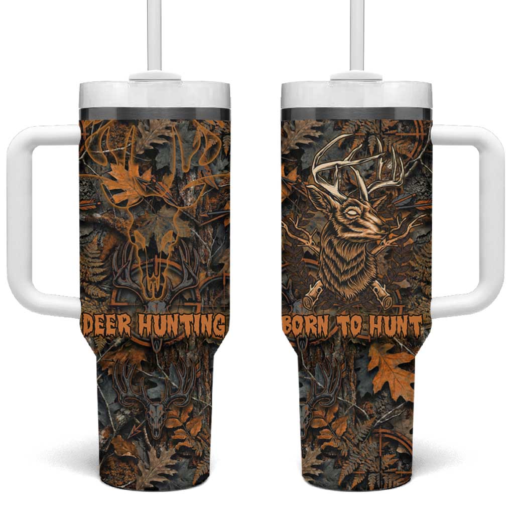 Deer Hunting Skull Tumbler With Handle Autumn Leaves Rustic Brown and Orange Tones