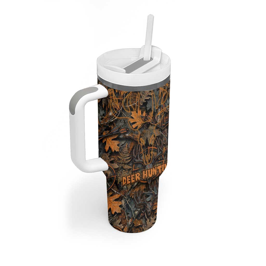 Deer Hunting Skull Tumbler With Handle Autumn Leaves Rustic Brown and Orange Tones
