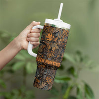 Deer Hunting Skull Tumbler With Handle Autumn Leaves Rustic Brown and Orange Tones