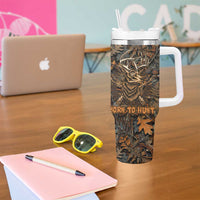 Deer Hunting Skull Tumbler With Handle Autumn Leaves Rustic Brown and Orange Tones