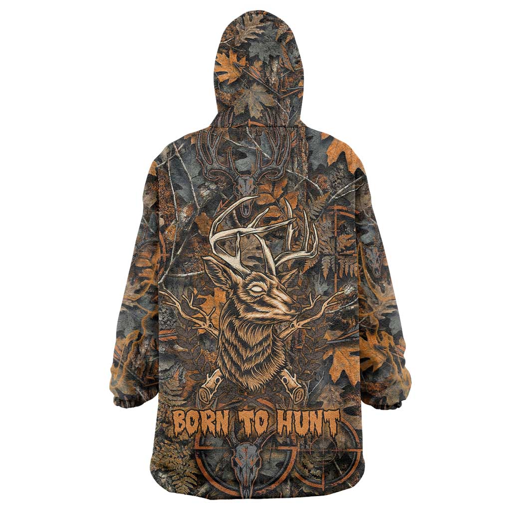 Deer Hunting Skull Wearable Blanket Hoodie Autumn Leaves Rustic Brown and Orange Tones
