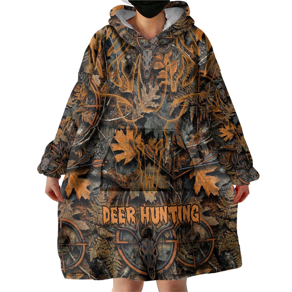 Deer Hunting Skull Wearable Blanket Hoodie Autumn Leaves Rustic Brown and Orange Tones
