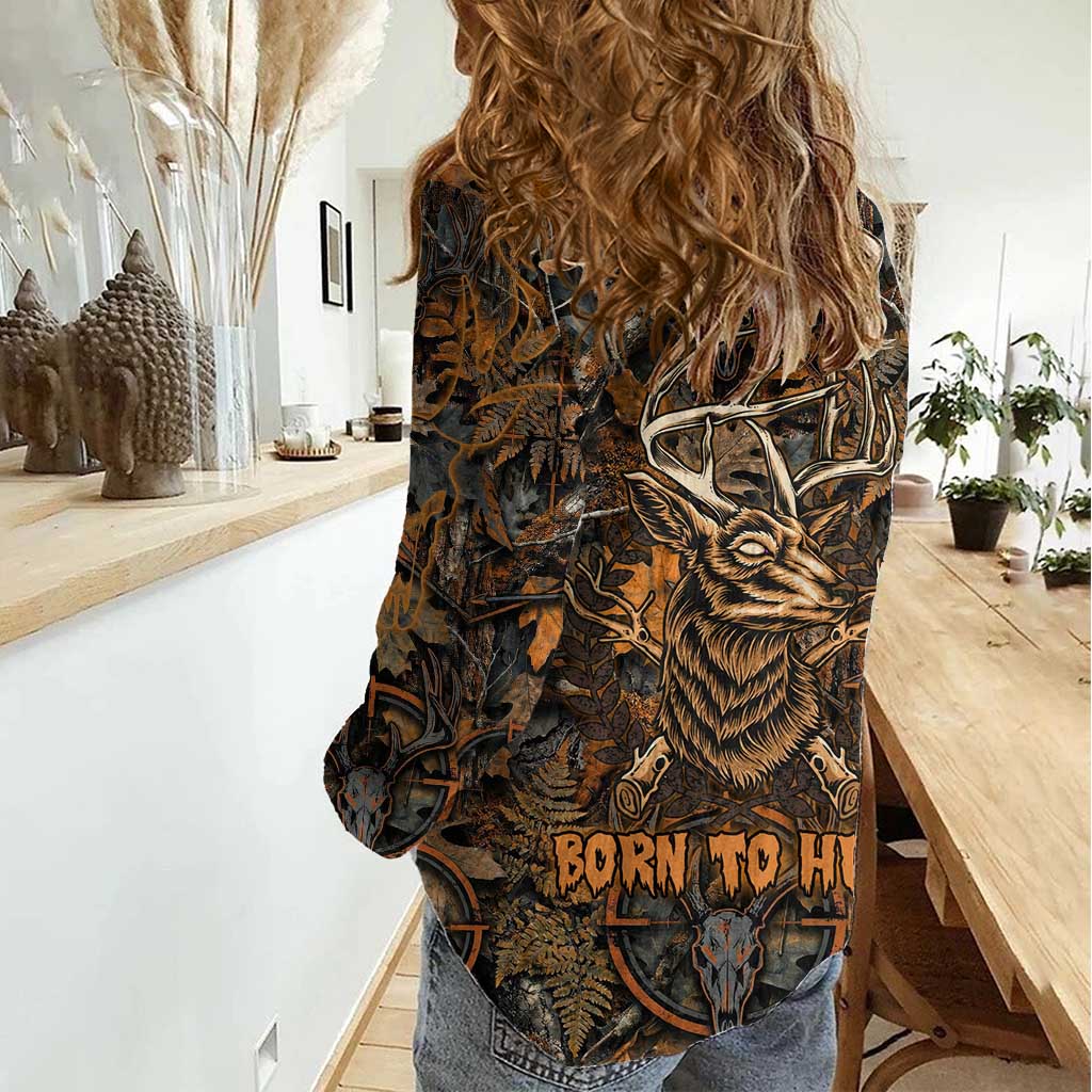 Deer Hunting Skull Women Casual Shirt Autumn Leaves Rustic Brown and Orange Tones