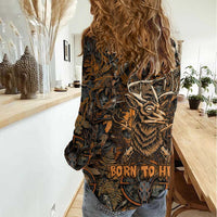 Deer Hunting Skull Women Casual Shirt Autumn Leaves Rustic Brown and Orange Tones