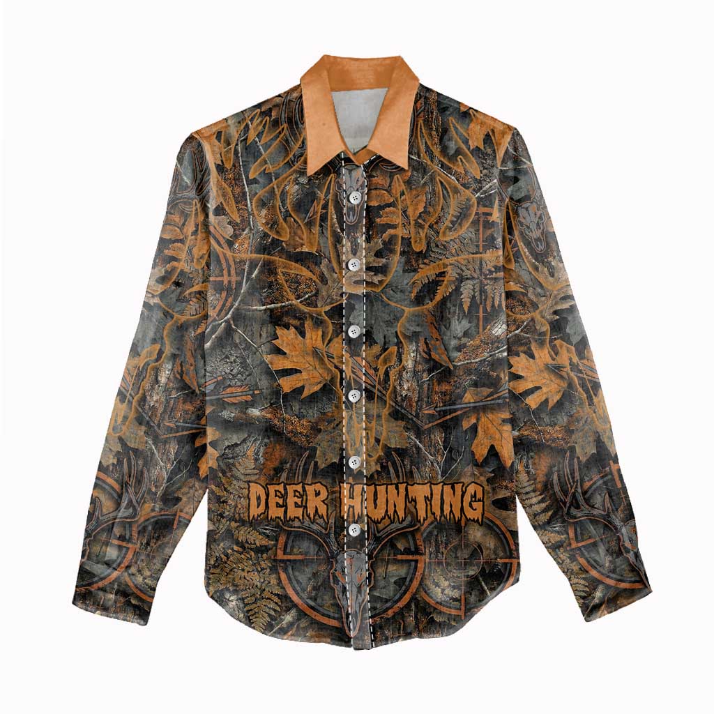 Deer Hunting Skull Women Casual Shirt Autumn Leaves Rustic Brown and Orange Tones