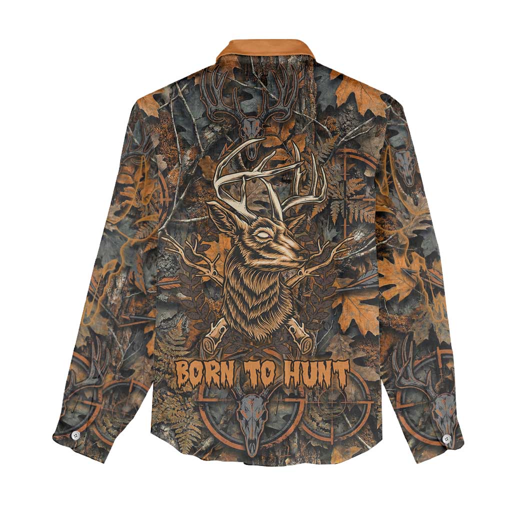 Deer Hunting Skull Women Casual Shirt Autumn Leaves Rustic Brown and Orange Tones