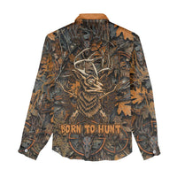 Deer Hunting Skull Women Casual Shirt Autumn Leaves Rustic Brown and Orange Tones