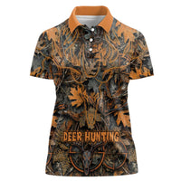 Deer Hunting Skull Women Polo Shirt Autumn Leaves Rustic Brown and Orange Tones