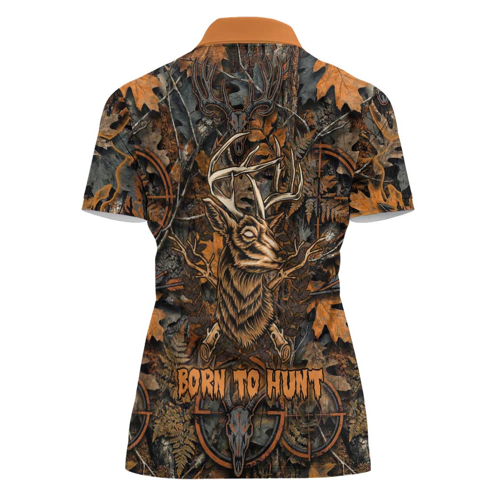 Deer Hunting Skull Women Polo Shirt Autumn Leaves Rustic Brown and Orange Tones