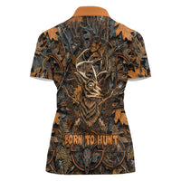 Deer Hunting Skull Women Polo Shirt Autumn Leaves Rustic Brown and Orange Tones