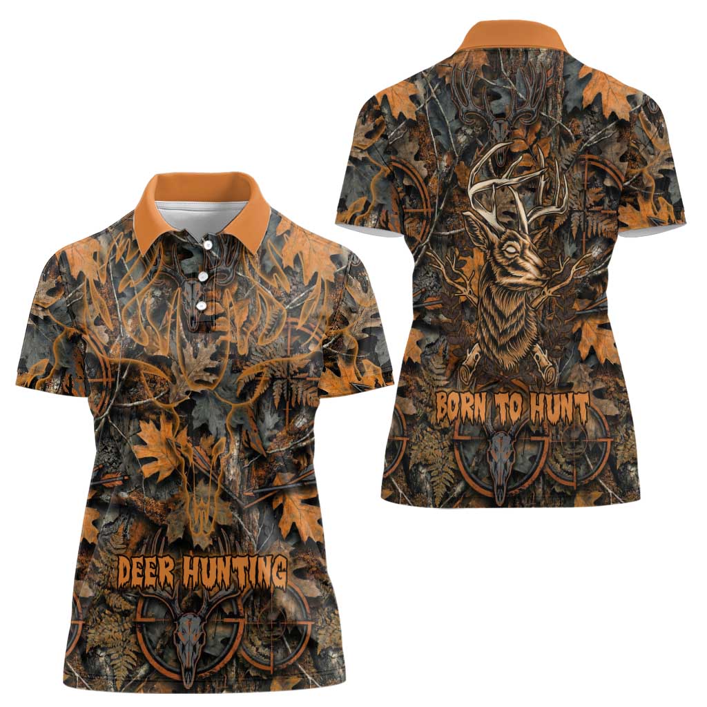 Deer Hunting Skull Women Polo Shirt Autumn Leaves Rustic Brown and Orange Tones