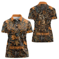 Deer Hunting Skull Women Polo Shirt Autumn Leaves Rustic Brown and Orange Tones