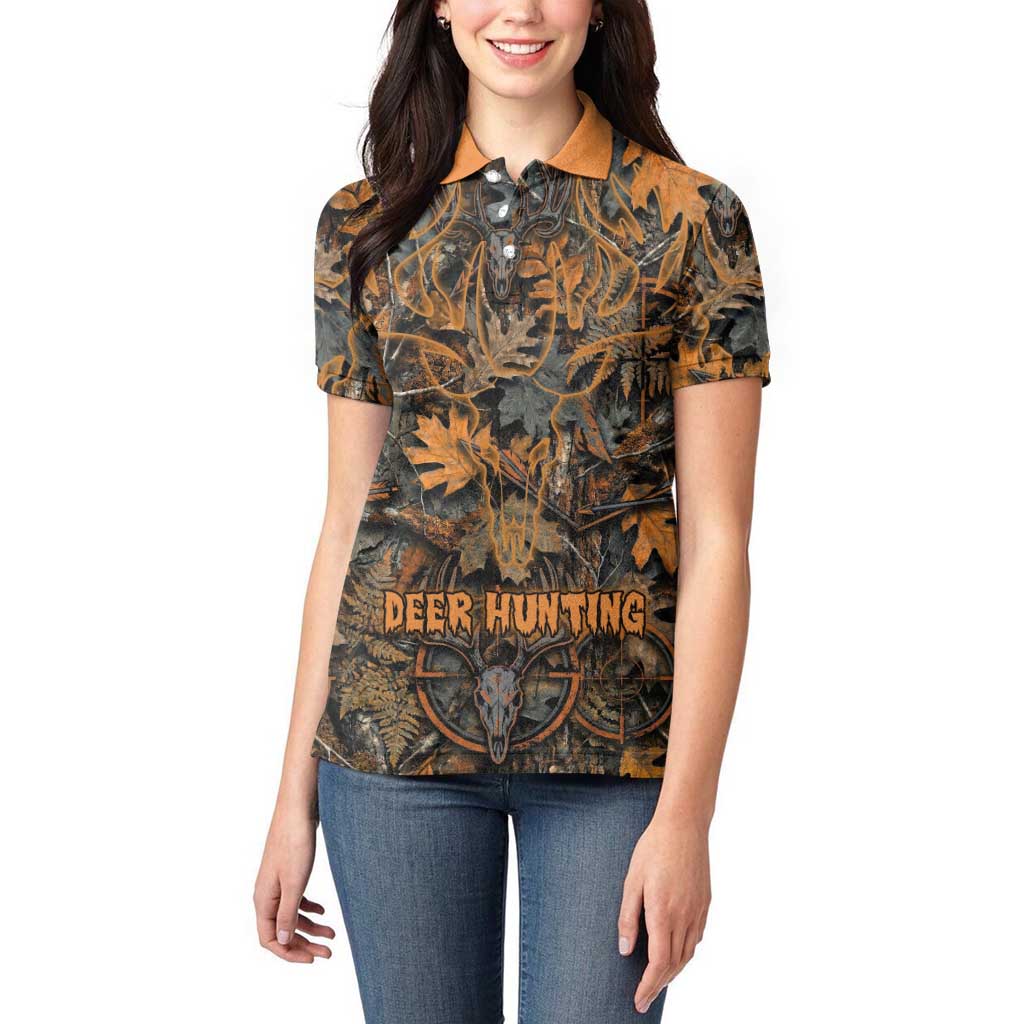 Deer Hunting Skull Women Polo Shirt Autumn Leaves Rustic Brown and Orange Tones