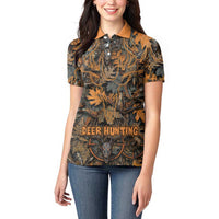 Deer Hunting Skull Women Polo Shirt Autumn Leaves Rustic Brown and Orange Tones