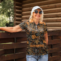 Deer Hunting Skull Women Polo Shirt Autumn Leaves Rustic Brown and Orange Tones